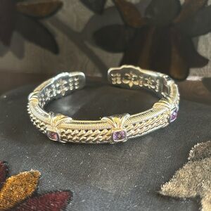 Judith Ripka marked hinged cuff bracelet 40+grams SS with (3) faceted amethyst